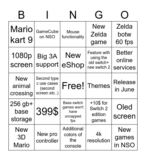 Switch 2 direct Bingo Card