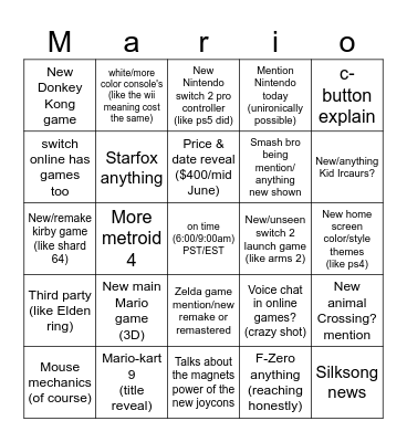 Nintendo switch 2 time Bingo Card