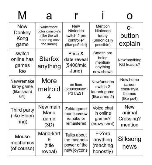 Nintendo switch 2 time Bingo Card