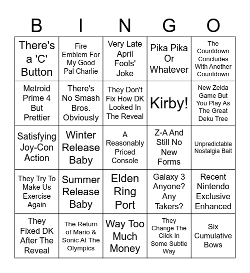 Switch 2 Another Console Bingo Card