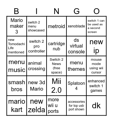 Switch 2 Direct Bingo Card