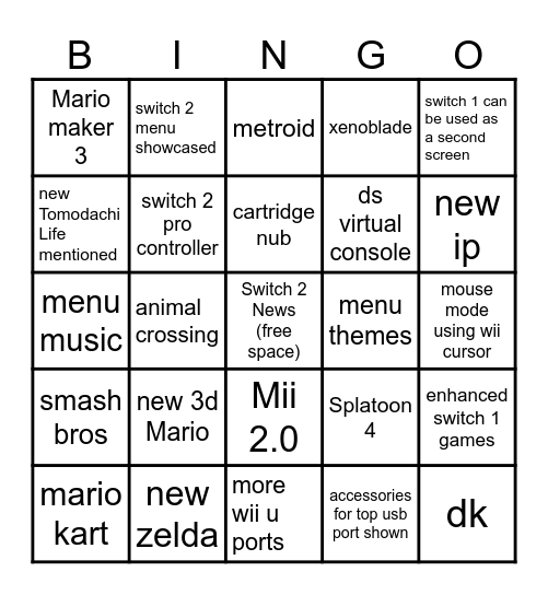 Switch 2 Direct Bingo Card