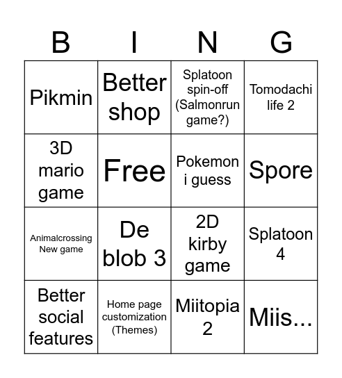 Switch 2 hopes & dreams Bingo Card