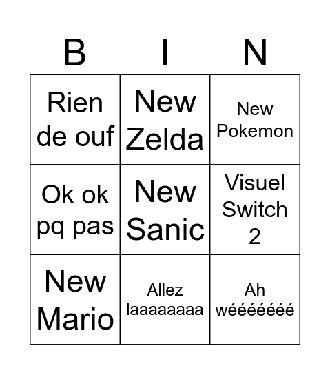 Nintendo Direct Bingo Card