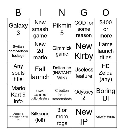 Switch 2 Direct Bingo Card