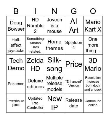 Nintendo Switch 2 Bingo Card