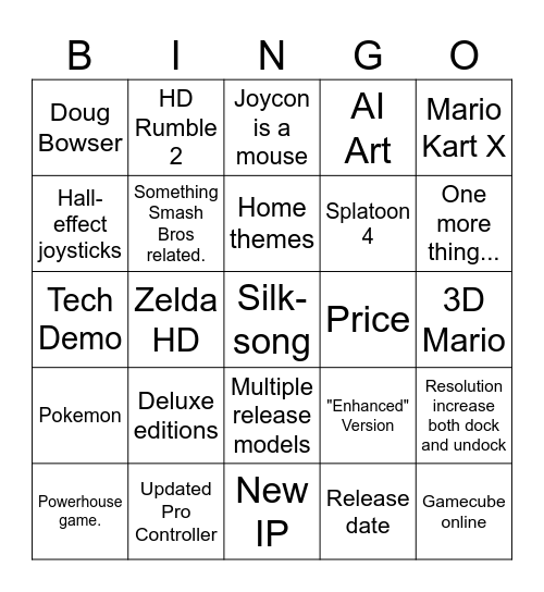Nintendo Switch 2 Bingo Card
