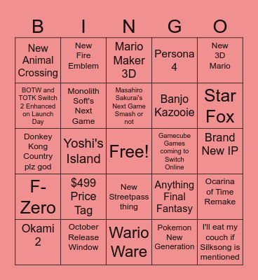 Nintendo DIRECT BINBO Bingo Card