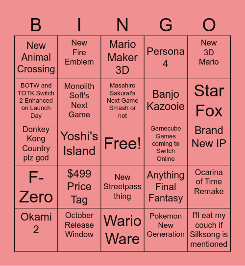 Nintendo DIRECT BINBO Bingo Card