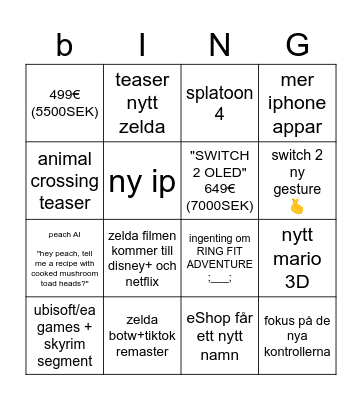 nintendo swtich TWOOOO Bingo Card