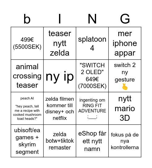 nintendo swtich TWOOOO Bingo Card