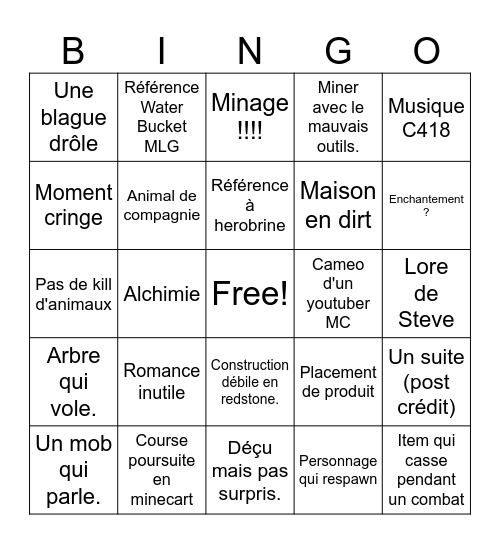 Bingo Minecraft le film Bingo Card