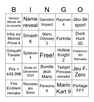 Nintendo Direct Bingo Card