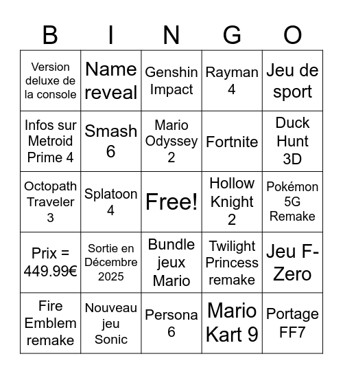 Nintendo Direct Bingo Card