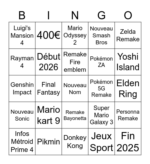 Nintendo Direct Bingo Card