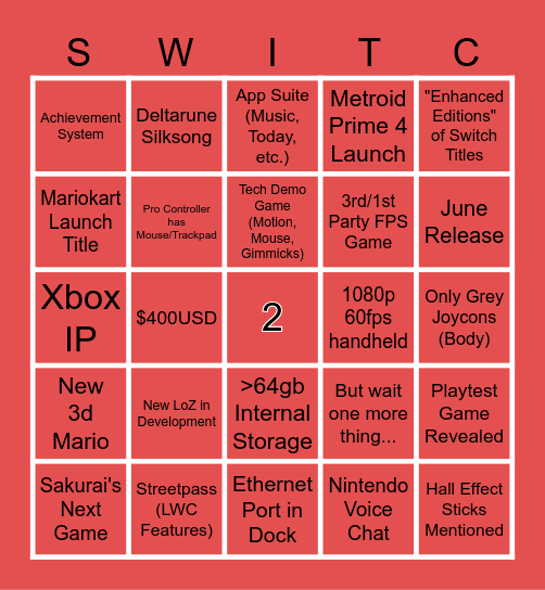 Switch 2 Night Bingo Card