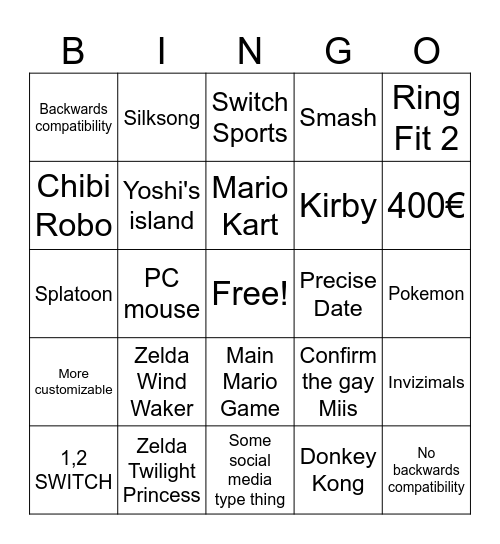 Nintendo Direct 2 Bingo Card