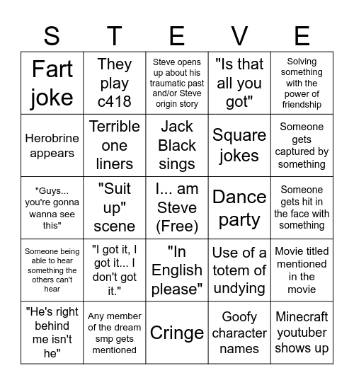 Minecraft Movie Bingo Card