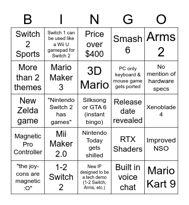 Switch 2 Bingo Card
