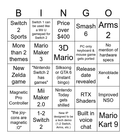 Switch 2 Bingo Card