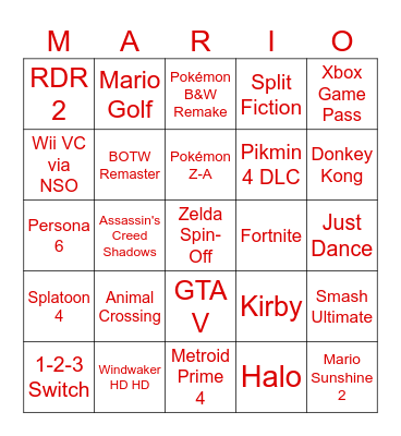 Nintendo Switch 2 Direct Bingo Card
