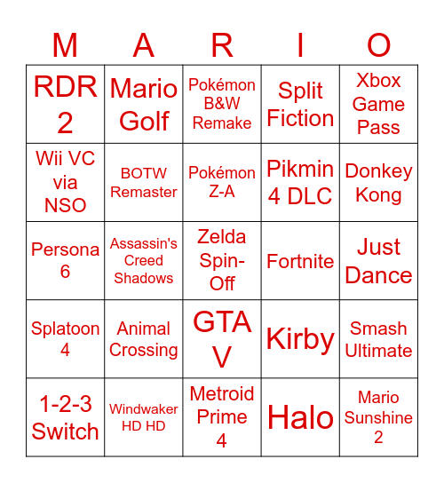 Nintendo Switch 2 Direct Bingo Card