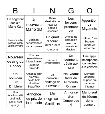 Nintendo Direct Switch 2 Bingo Card