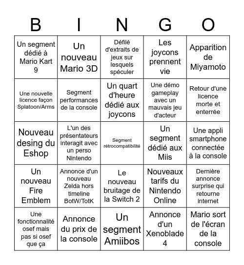 Nintendo Direct Switch 2 Bingo Card