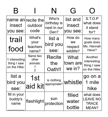 Paws on the Path 10/9/16 Bingo Card