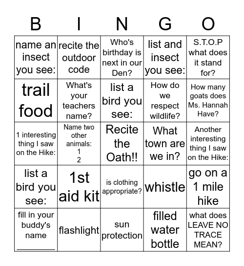 Paws on the Path 10/9/16 Bingo Card