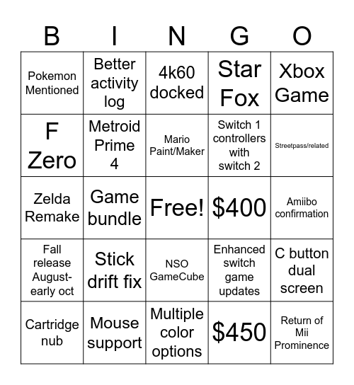 Switch 2 Bingo Card