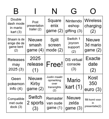 Nintendo switch direct Bingo Card