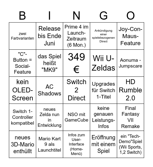 Switch 2 Direct Bingo Card