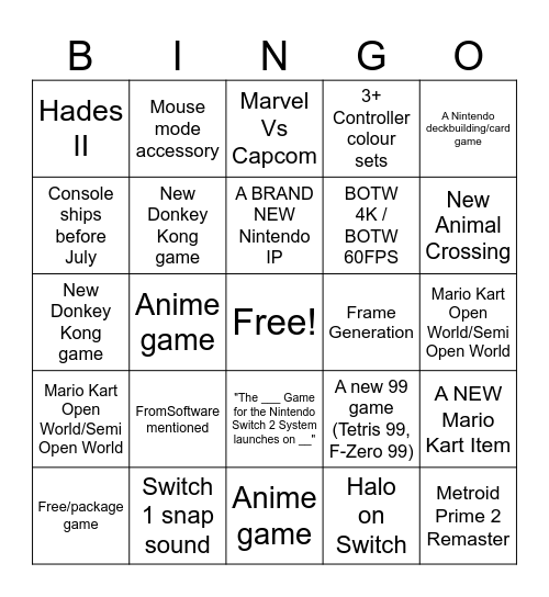 Switch 2 Direct Bingo Card