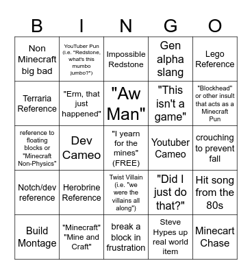 A Minecraft Movie Bingo Card
