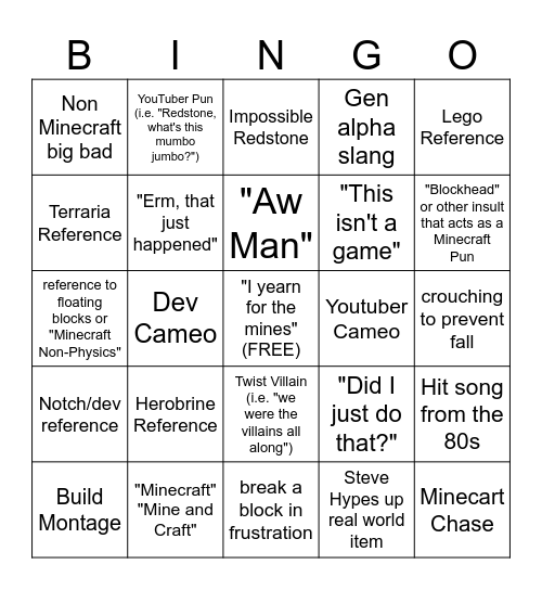 A Minecraft Movie Bingo Card