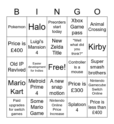 Switch 2 Bingo Card
