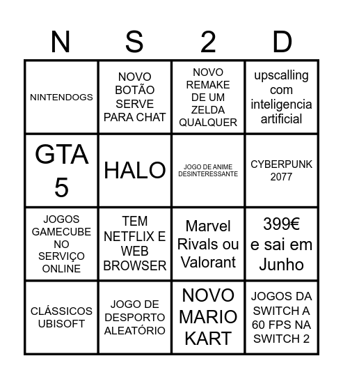 Nintendo Direct Bingo Card