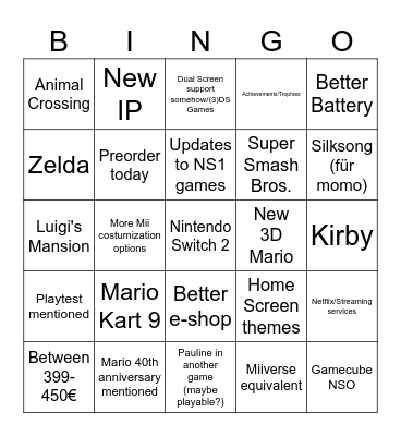 Nintendo Switch 2 Direct Predictions Bingo Card