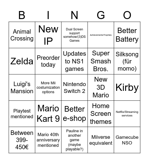 Nintendo Switch 2 Direct Predictions Bingo Card