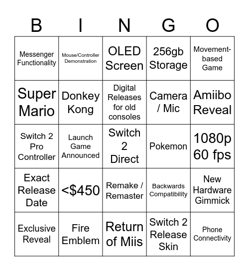 Switch 2 Bingo Card