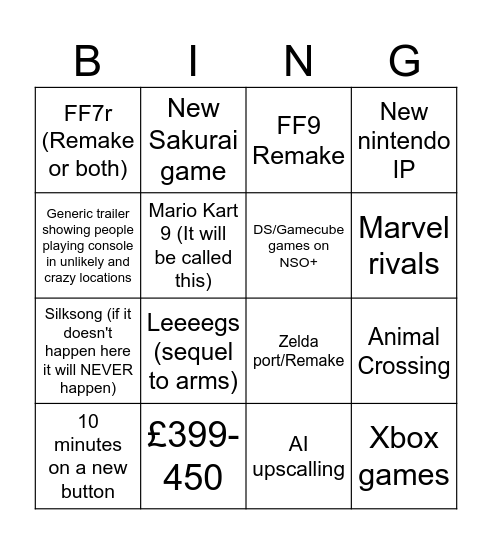 Switch 2 Electric Boogaloo Bingo Card