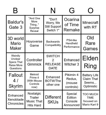 Switch 2 Launch Video Bingo Card Bingo Card