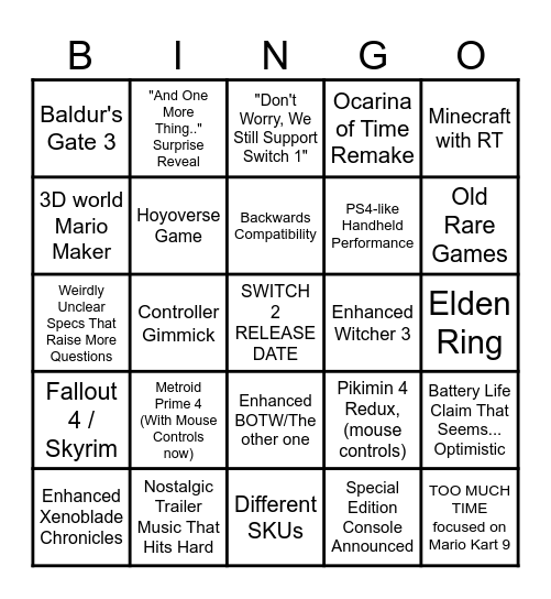 Switch 2 Launch Video Bingo Card Bingo Card