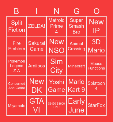 Nintendo Switch 2 Direct Bingo Card