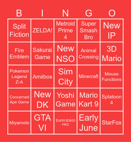 Nintendo Switch 2 Direct Bingo Card