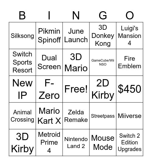 Nintendo Switch 2 Direct Bingo Card