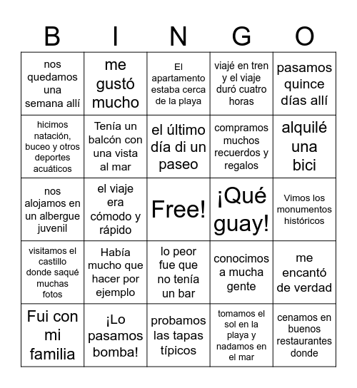Past tense hols Spanish Bingo Card