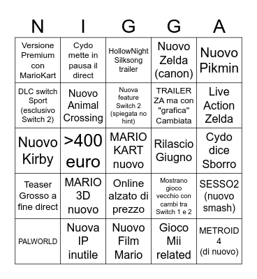 NINTENDO DIRECT Bingo Card