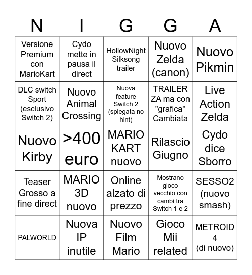 NINTENDO DIRECT Bingo Card